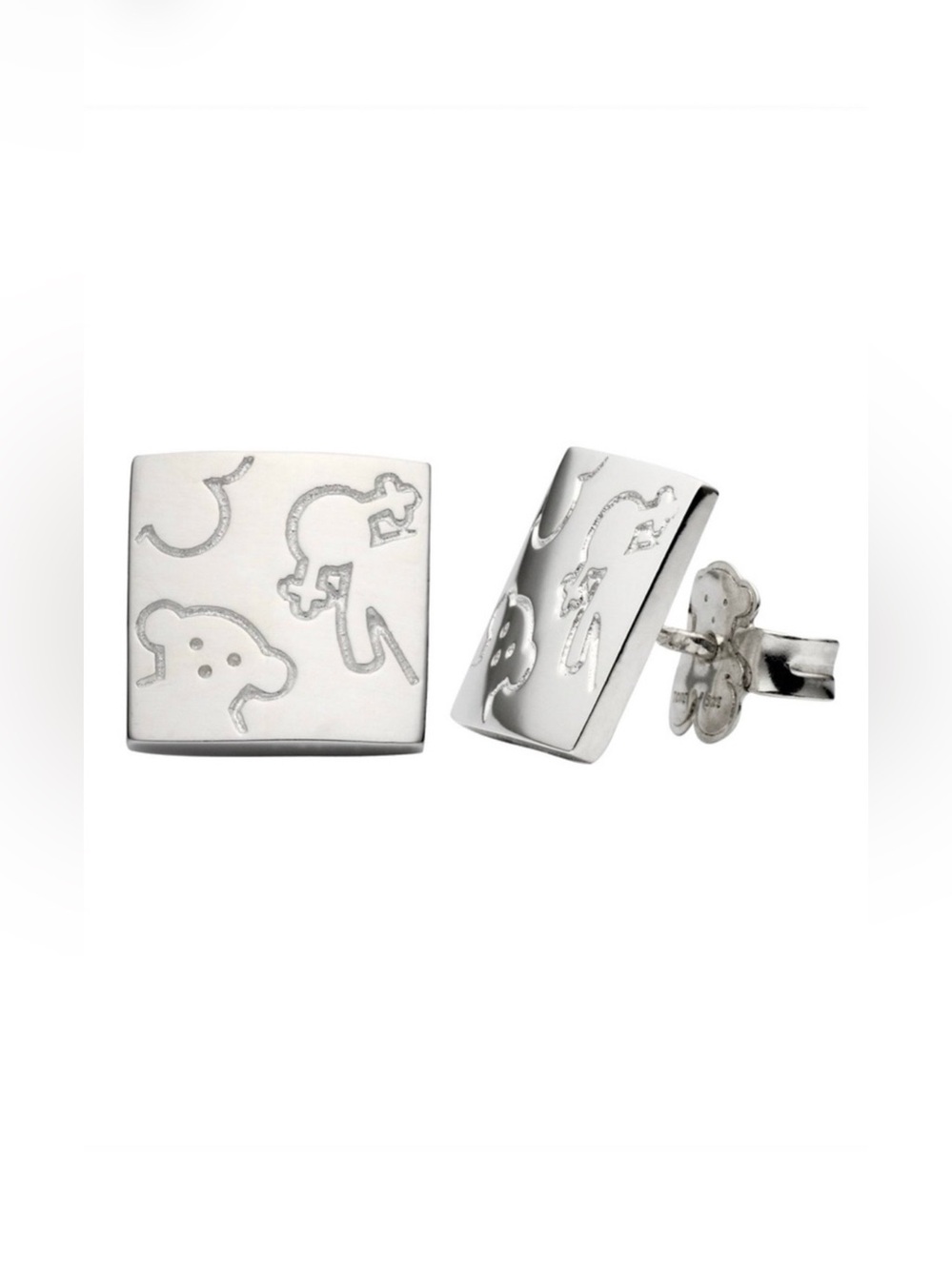 TOUS Sterling Silver Square Stud Earrings Bear Girl Engraved Motif